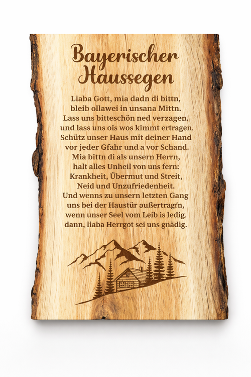 Bayerischer Haussegen Holzschild aus Eiche mit Lasergravur als handgefertigte Wanddeko