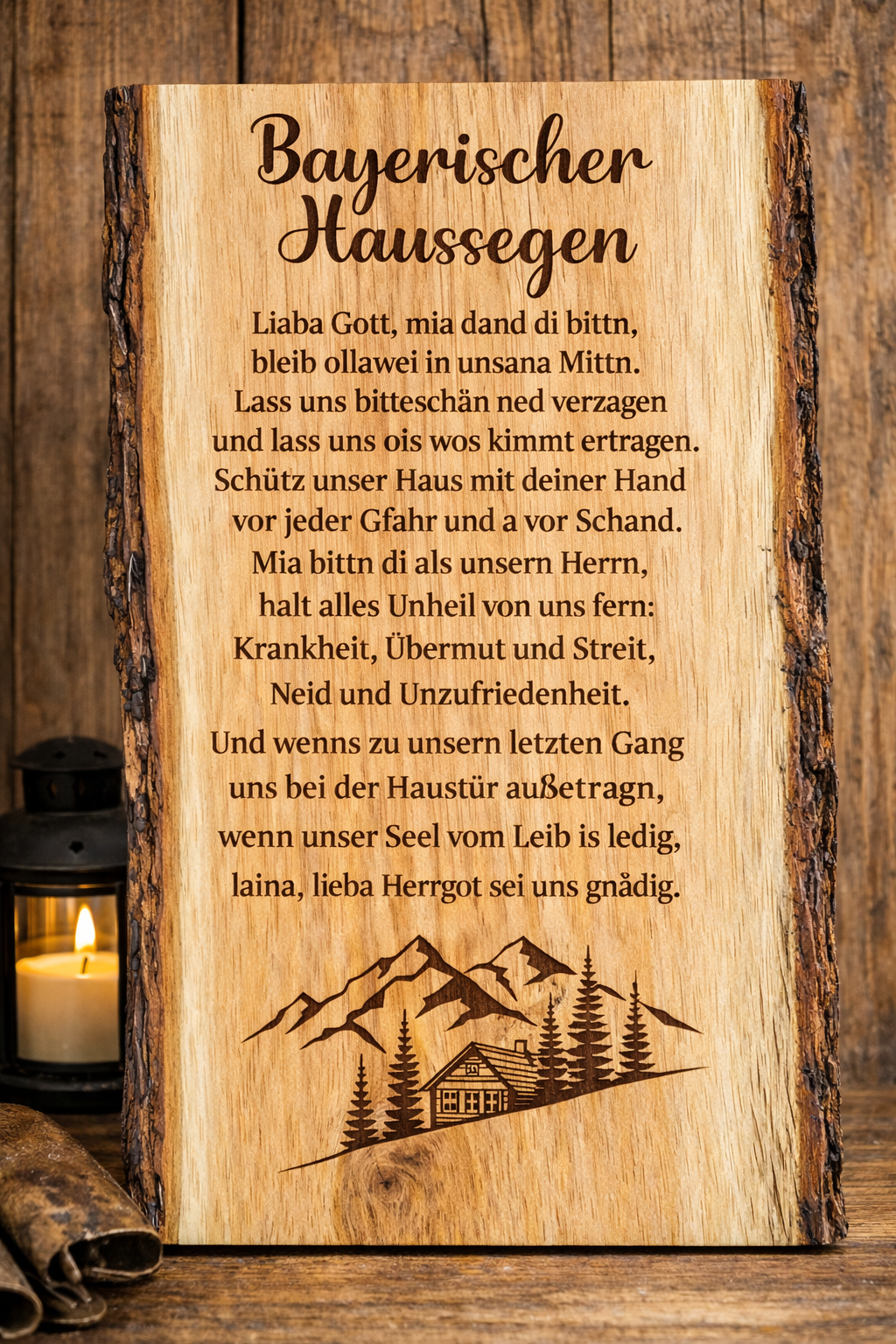 Rustikale Holzdeko Bayerischer Haussegen aus Eiche in traditioneller Wohnumgebung