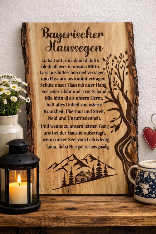 Bayerischer Haussegen aus Eichenholz als stilvolle Wanddeko im Landhausstil