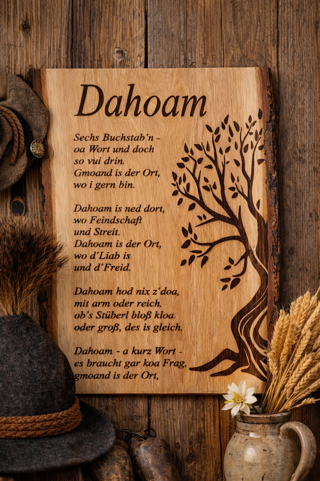 Bayerisches Dahoam Holzschild aus Eiche als rustikale Deko mit traditionellem Flair