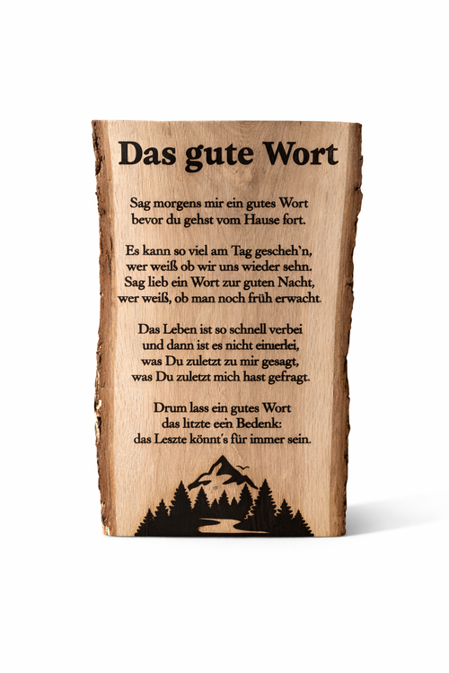Handgefertigtes Eichenholz-Schild mit Lasergravur und Spruch „Das gute Wort“ freigestellt auf weißem Hintergrund
