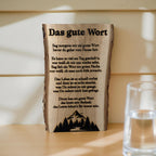 Hochformatiges Holzdeko-Schild aus echter Eiche mit naturbelassener Baumkante und detailreicher Gravur eines poetischen Textes